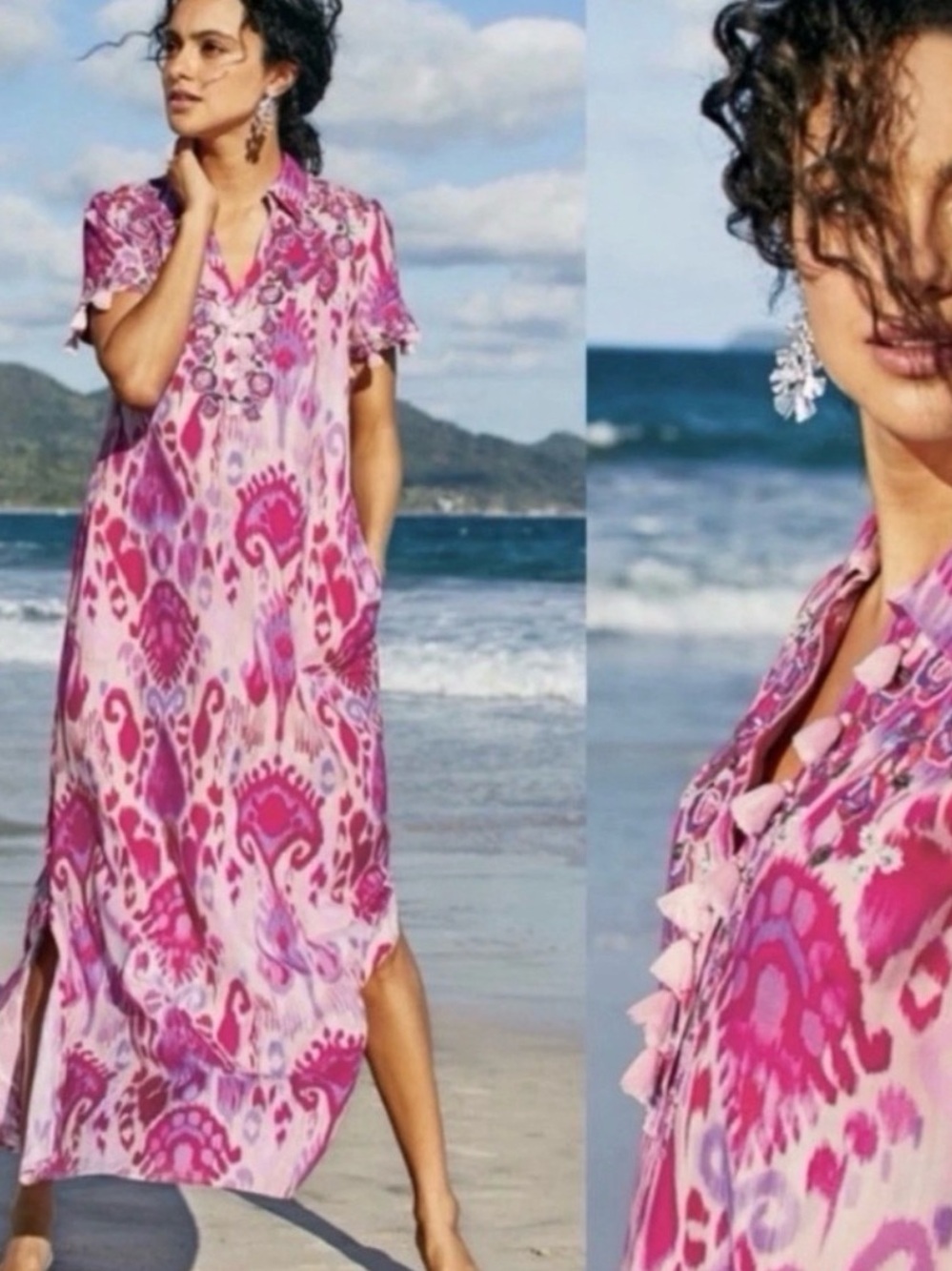 Soft Surroundings Pink Palace Ikat Pink Purple V-neck Embellished Maxi Dress SP